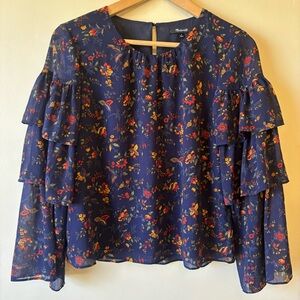 Madewell Floral Tiered Sleeve Top - Blue Blouse Women's Nice casual office small